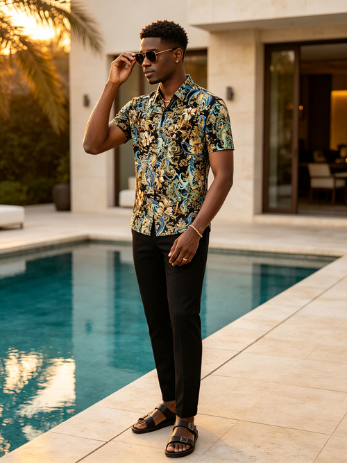 Black gold blue floral shirt