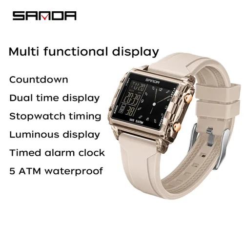 Wristwatch Square Dual Time  Electron Analog Watch  Waterproof Count Down Timer Digital World Time