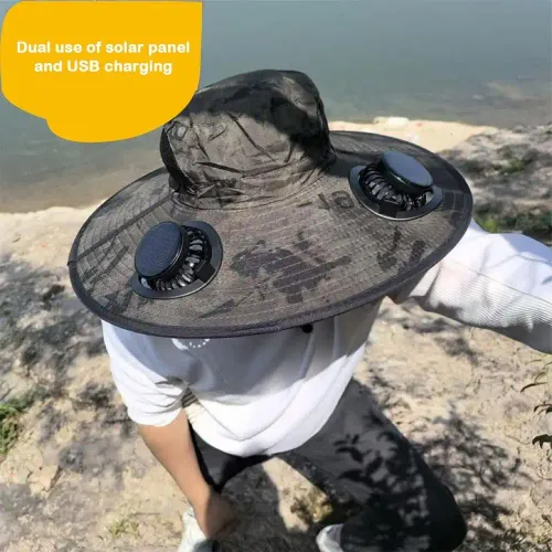 Solar powered fan, large brim, sun shading, hiking and fishing hat