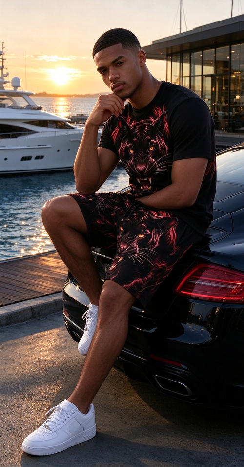 Red and Black Tiger Pattern Shorts Set