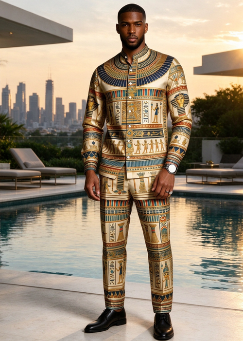 Men's Two-Piece Set: Ancient Egyptian Pharaoh Print Shirt & Pants