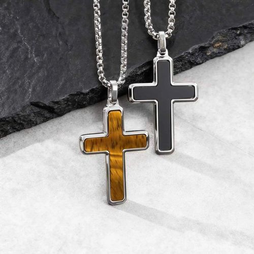 Stylish Men's Natural Black Onyx Cross Necklace,Waterproof Stainless Steel Cross Pendant,Christmas Valentine's Day Gift