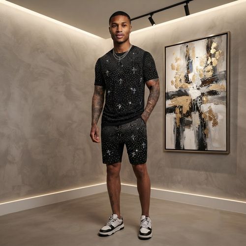 Men's Summer Rhinestone T-Shirt and Shorts Set