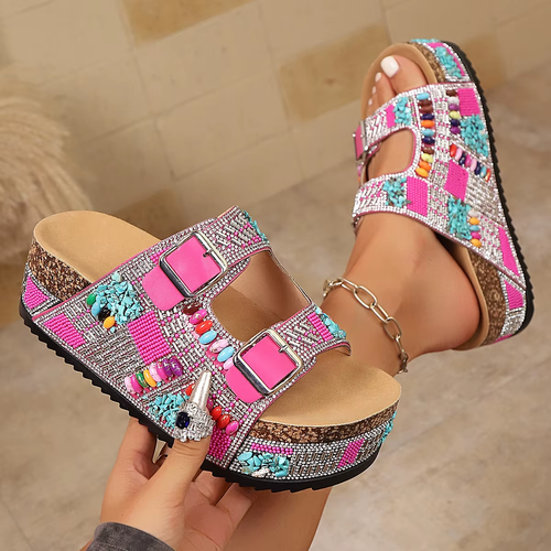 Women's Rhinestone Double Buckle Thick Sole Sandals – Fashionable Summer Shoes