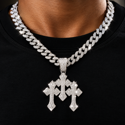 Iced Out Stacked Crosses Pendant Necklaces for Men With 13mm Cuban Chain Hip Hop Cross Rhinestone Jewelry pendant Gift