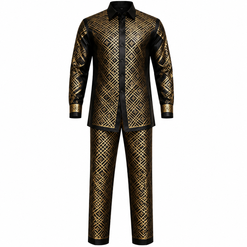Men's Luxury Black Gold African Print 2-Piece Set – Long Sleeve Button Down Shirt and Matching Trousers, Elegant Geometric Pattern Casual Party Outfit