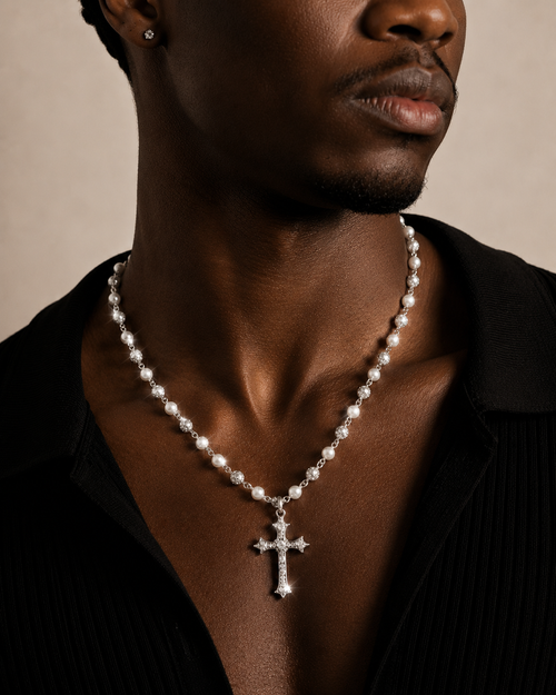 Silver-tone pearl and rhinestone cross pendant necklace (unisex)