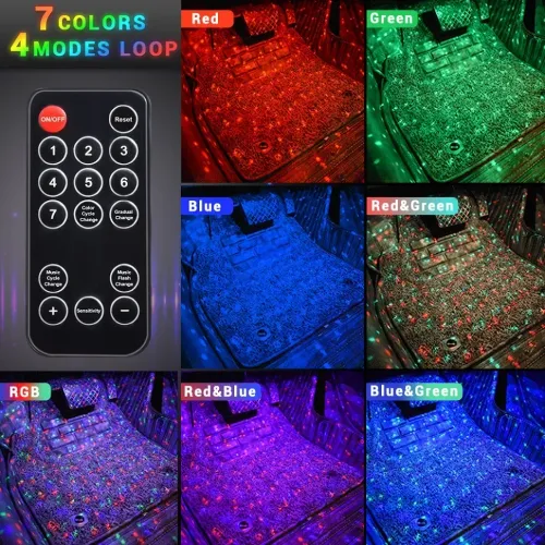 Foot starry sky atmosphere light, floor star one to four car interior modification, colorful voice controlled LED decorative atmosphere light
