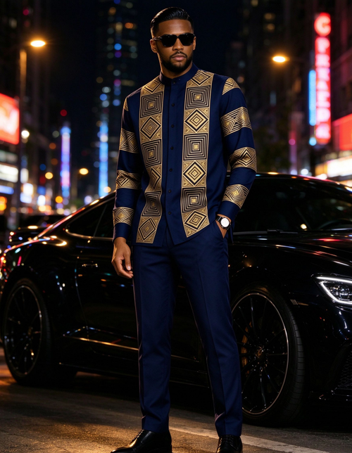 Plus Size Men's Elegant Geometric Print Two-Piece Set – Long Sleeve Shirt & Tailored Pants
