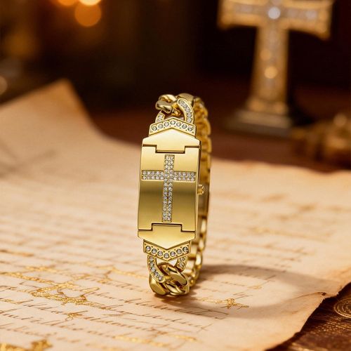 Gold-tone waterproof quartz watch with a flip-top cross design and diamond accents—an affordable luxury timepiece.