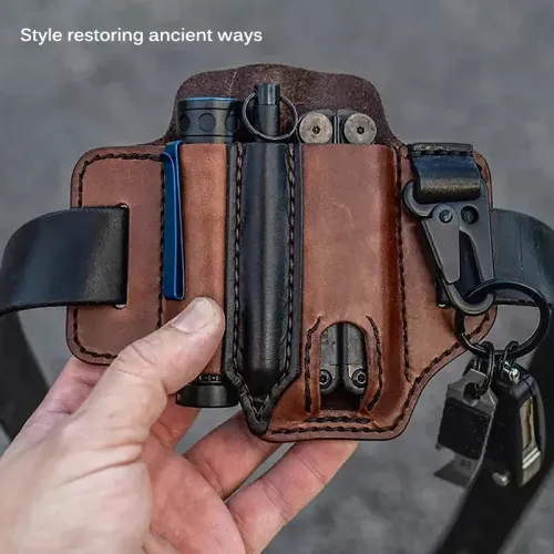 Tactical Multi Tool Belt Leather Bag Portable Tool Storage Bag Holster Key Holder Outdoor Camping Hunting Waist Leather Pocket