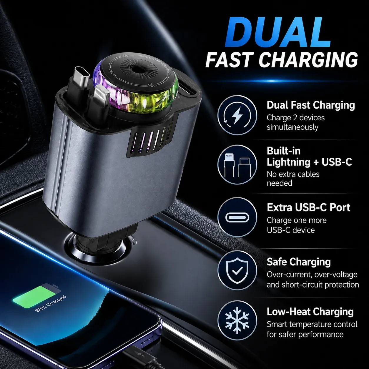 45W Retractable Car Charger with Starry Light Aromatherapy Diffuser Built-in Lightning USB-C Cable Type-C Fast Charging Adapter