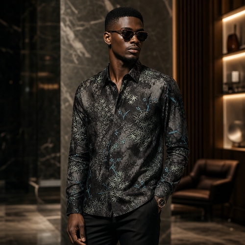 High-end long-sleeved shirt in green bamboo-print fabric