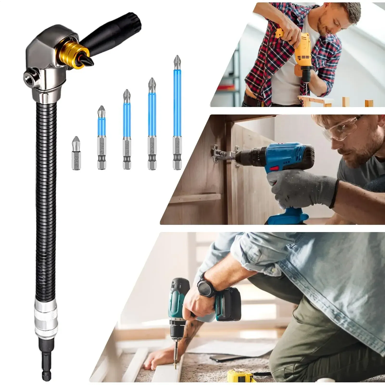6PCS Right Angle Drill Adapter Ergonomic Non-Slip Carbon Steel Precise Angled Drill Bit Adapter For DIY Enthusiasts Home Repair
