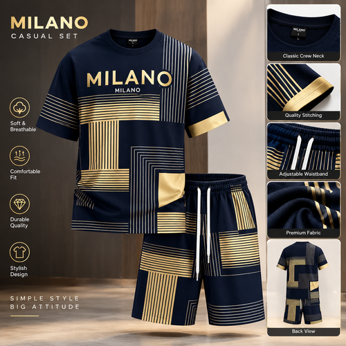 Mens short-sleeve set in a loose fit, featuring a yellow and blue color scheme