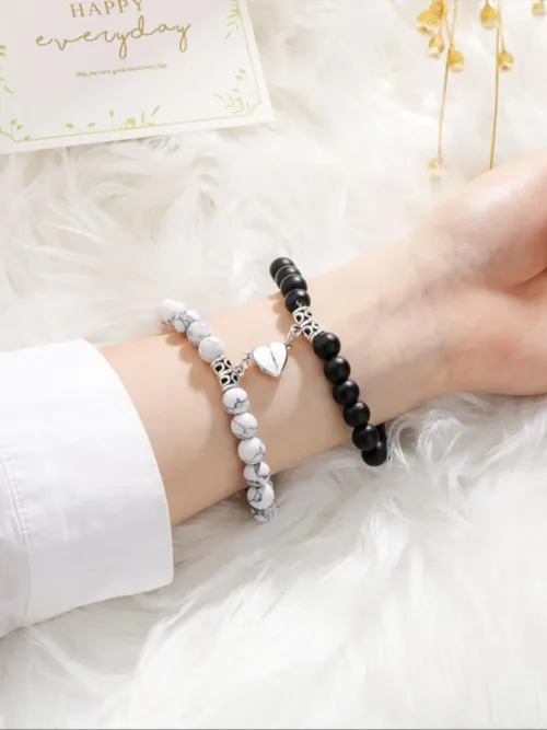 2pc heart & round magnetic couple bracelets Party, Dates, Daily ClothingDecor, Trendy All-match & Exquisite Jewelry for Gift