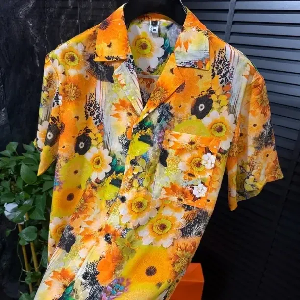 Sunflower-print retro Cuban-collar shirt
