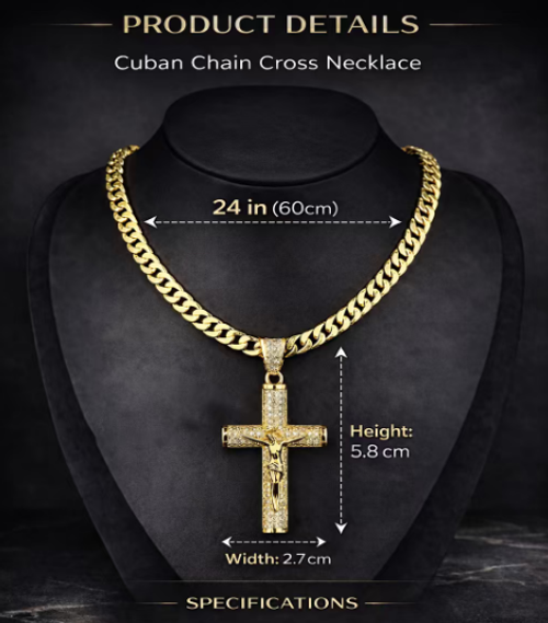 Cross Necklace for Men with Jesus Crucifix Pendant - 24  Cuban Figaro Rope Miami Chains