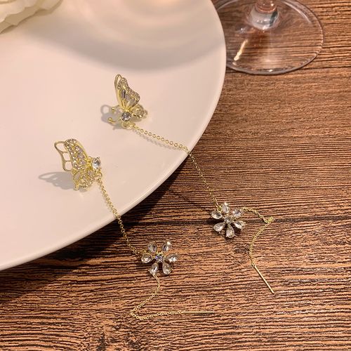 1PC Silver Butterfly Crystal Tassel Ear Clip Women's Earrings Shiny Rhinestone Chain Cartilage