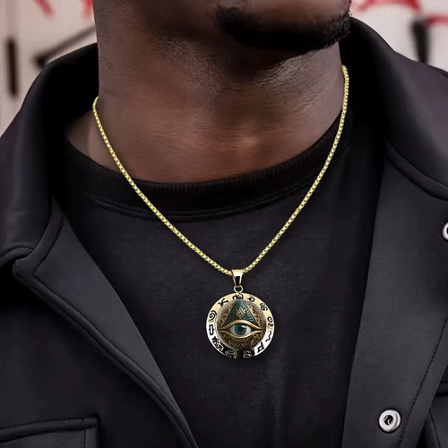 Hieroglyphic Eye Pattern Glass Pendant Zinc Alloy Artifact-Style Statement Necklace for Women Fashion Jewelry Accessory