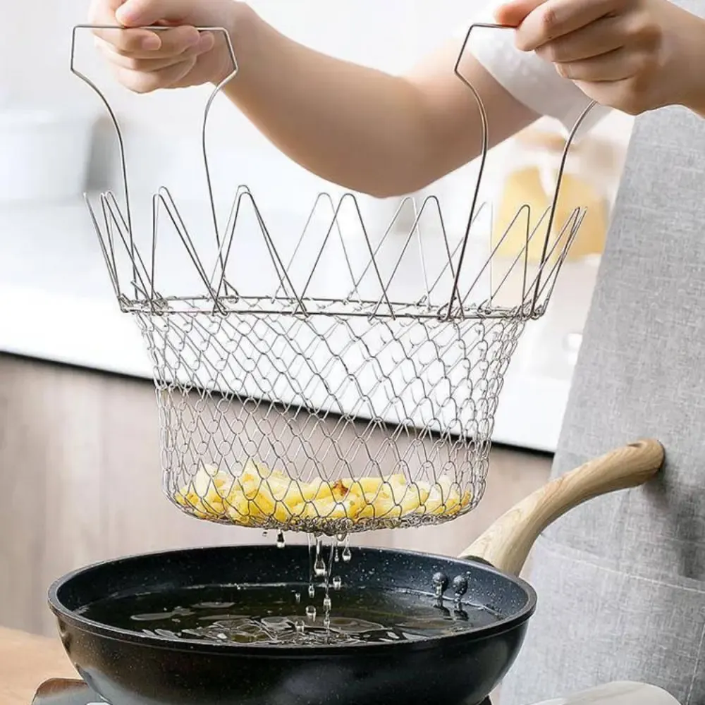 2PCS Durable Stainless Steel Fryer Basket Foldable Multifunctional Fried Filter Screen Silver Drain Oil Basket Kitchen Supplies