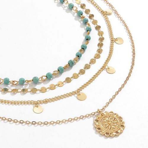 Four-piece turquoise beaded clavicle necklace for women with flower disc pendant necklace