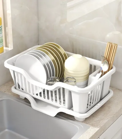 Plastic Dish Rack with Drain Board and Utensil Cup Kitchen Drainage Basket Utensil Holder and Extra Drying Mat Drainage Rack