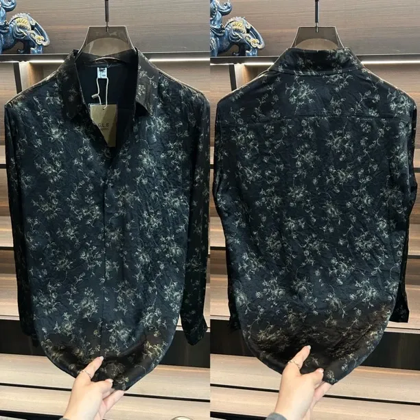 Trendy Printed Black and White Acetate Long-Sleeve Shirt with Collar