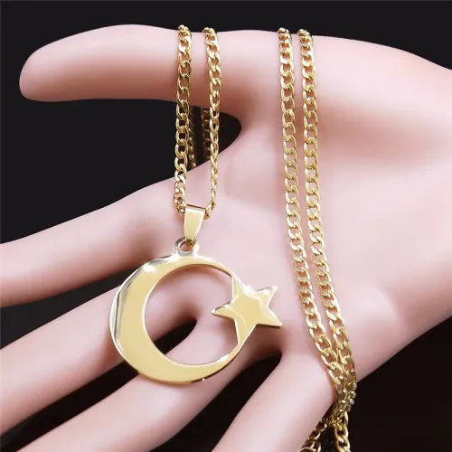 Muslim Stainless Steel Star Moon Pendant Chain Necklace For Men Neck Jewelry Accessories Male
