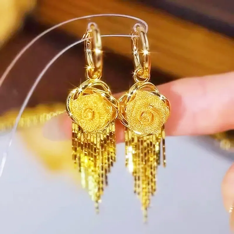 French Elegant Rose Flower Zircon Earrings For Women Light Luxury Long Tassel Ear Wire Dangle Earring Wedding Party Jewelry Gift
