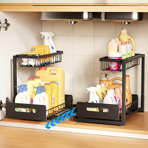 2-Tier Sliding Under Sink Organizer, Rustproof Metal Storage Rack for Kitchen & Bathroom Cabinet