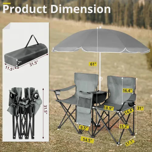 Portable Folding Picnic Double Chair with Umbrella, Table & Cooler