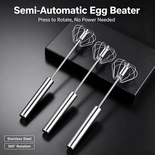 2PCS Stainless Steel Semi-Automatic Egg Beater, Hand Press Rotary Whisk, Manual Cream Mixer for Baking Kitchen Tool