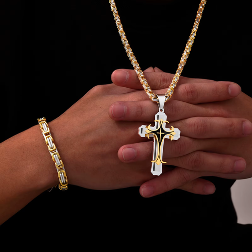 Men's Cross Pendant Necklace and Bracelet Set