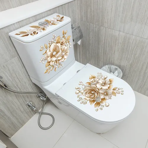 6Pcs-Two sets Waterproof Self-Adhesive Bathroom Decor Sticker Wall Stickers Home Decoration Stickers Luxury Gold Pearl Floral Toilet Sticker