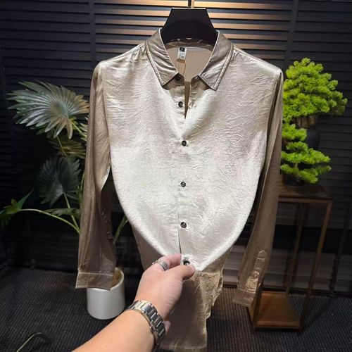 Men's Champagne-Colored Breathable Acetate Long-Sleeve Top