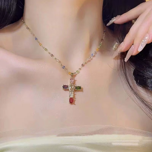 Fashion Colorful Zircon Cross Pendant Necklace for Women Luxury Crystal Golor Color