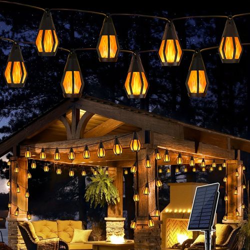 Solar Halloween Lights Outdoor String Lights with 10 Flickering Flame Bulb Waterproof Solar Powered LED Flame Lights for Decor
