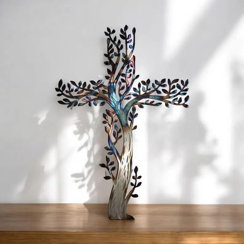 Nature Inspired Tree of Life Cross Wall Art, Acrylic Decor with Twisted Branches  Colorful Leaves, Multipurpose