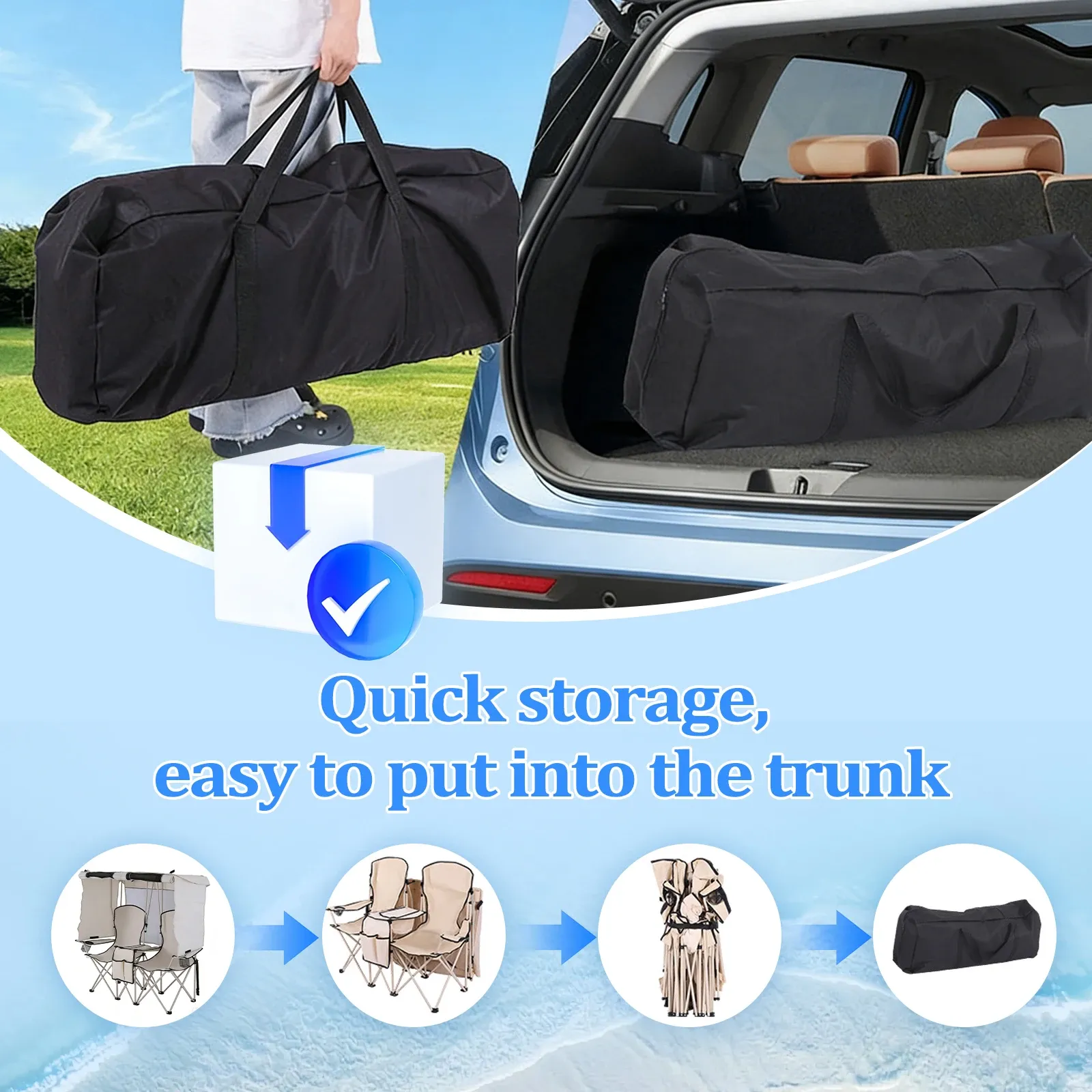 Folding Camping Two-Person Seat 330 Lbs Load Outdoor Sun Lounger with Cup Holder Cooler Bag for Beach Fishing Camp Sports Event