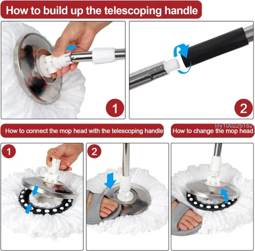 360 Degree Spin Mop Bucket Set with Wring System Includes 3 Microfiber Heads Stainless Steel Basket and 61 Inch Extended Handle for Floor Cleaning