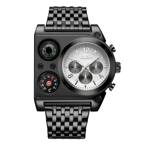 OULM Army Military Watch compass Temperature Display Movement Three Time Clock Big Dial Quartz Men WristWatch relogio masculino
