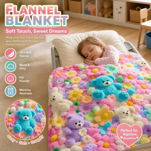 Teddy Bear Flannel Nap Blanket Floral Egg Pastel Print Flannel Blanket Soft Comfortable Air Conditioning Blanket