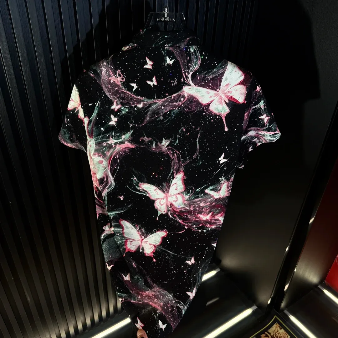 Pink Rhinestone-Embellished Butterfly Ice Silk Shirt