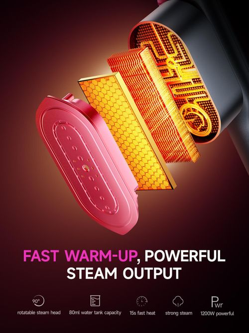 Dr.Flash handheld garment steamer, portable travel steam iron for clothes, LED display and 7 modes, 5-second rapid preheating, 90° rotating handle.