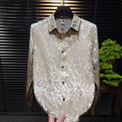 Champagne-colored long-sleeve shirt with a velvet paisley pattern