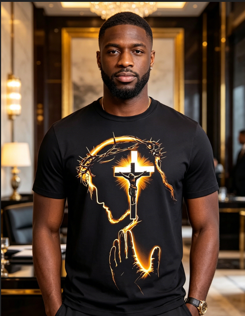 Premium Gold-Tone Cross Print Men's T-Shirt  Luxury Faith Design Tee