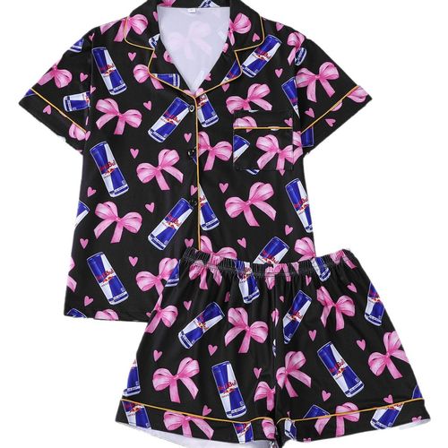 Women's New Arrival Printed Short Sleeve Shorts Pajama Set Lapel Bow Tie Pattern Comfortable Loungewear for Home