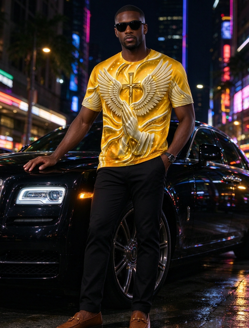Men's  Premium Gold Wings Cross Graphic Print Short Sleeve T-Shirt