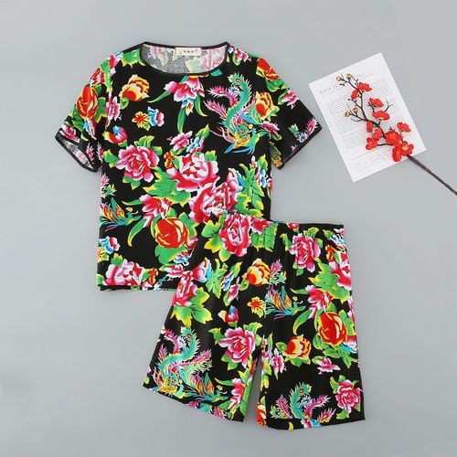 Bold Peony & Phoenix Print Summer Cool Suit, Lightweight Skin-Friendly Cotton Loungewear 2 Piece Short Set, Unisex Casual Outfit for Home & Outdoor